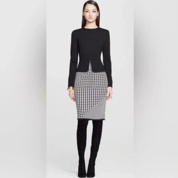 St. John Dress Womens 14 Black Houndstooth Peplum Milano Knit Stretch Sheath - Picture 1 of 10